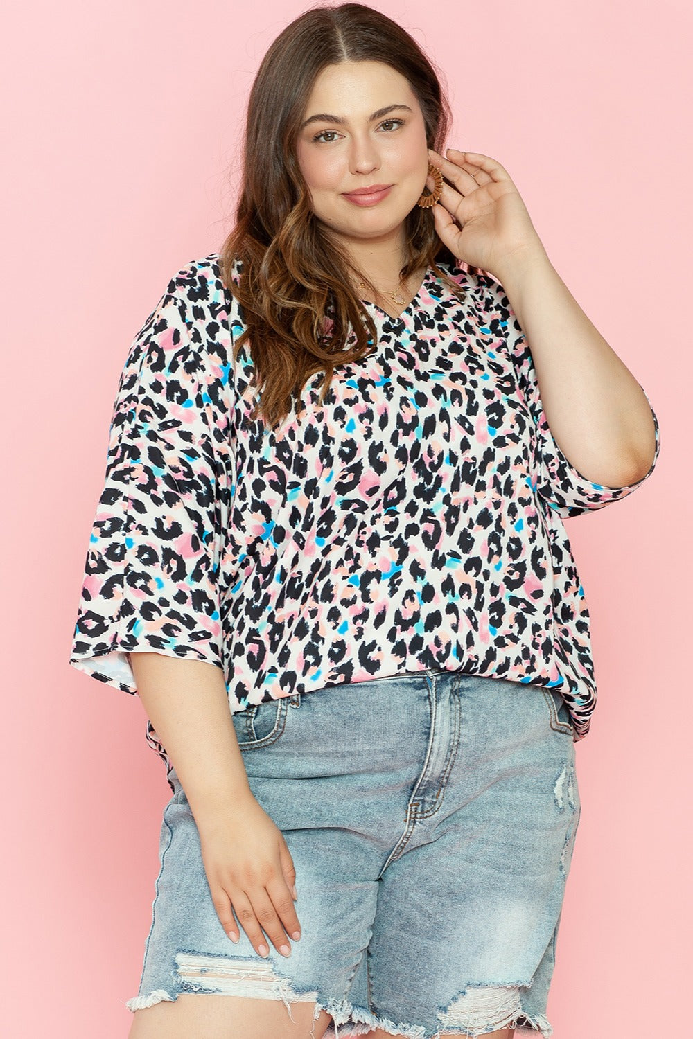 Plus Size Leopard V-Neck Three-Quarter Sleeve Blouse