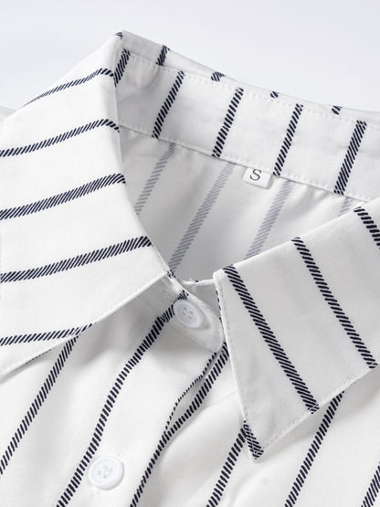 Lovelet Striped Collared Neck Lantern Sleeve Shirt