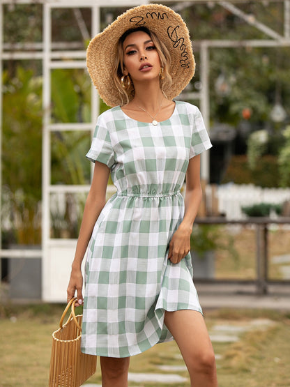 Ivy Lane Smocked Plaid Round Neck Short Sleeve Dress