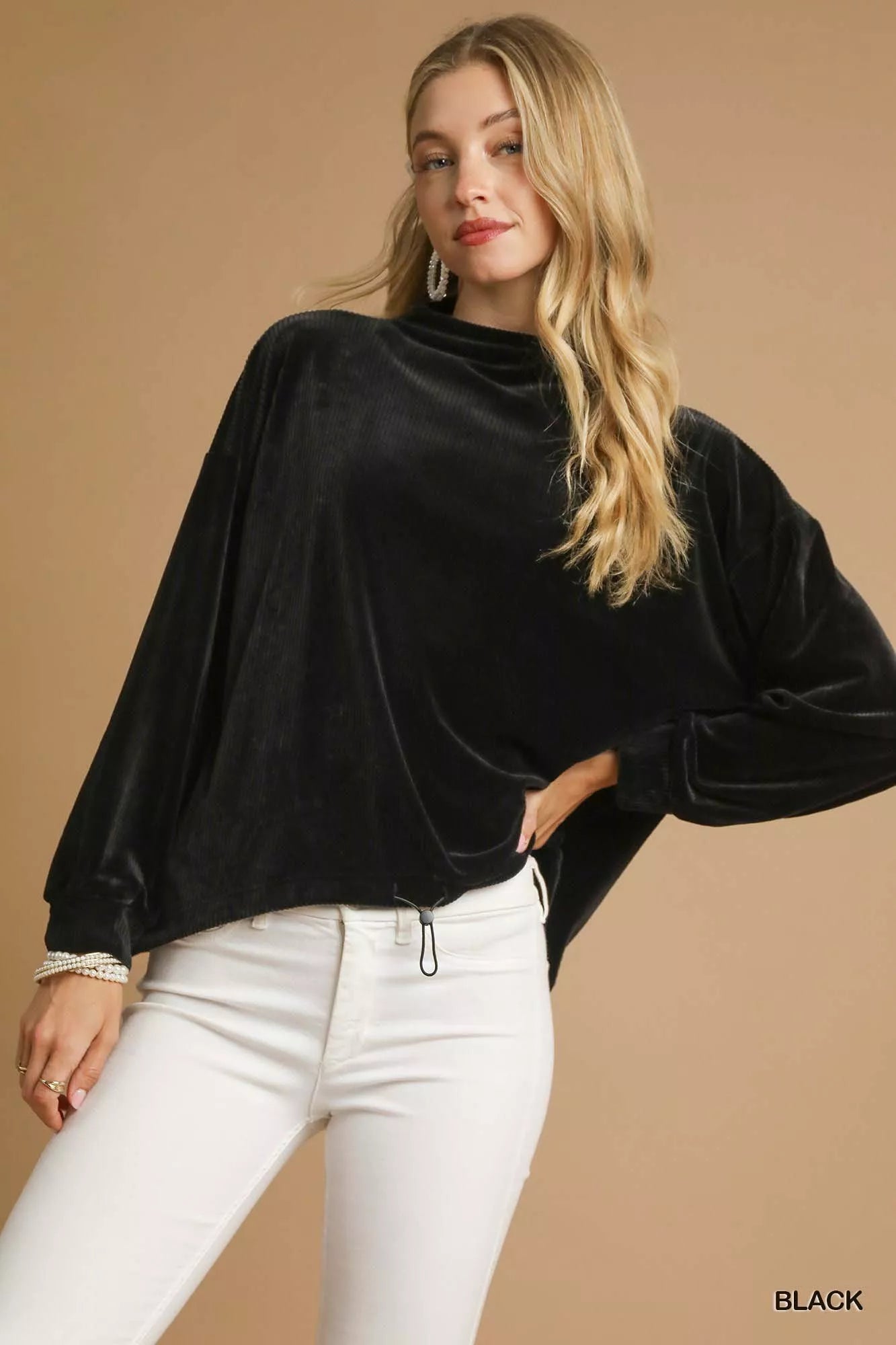 Ribbed Drawstring Hem Knit Top
