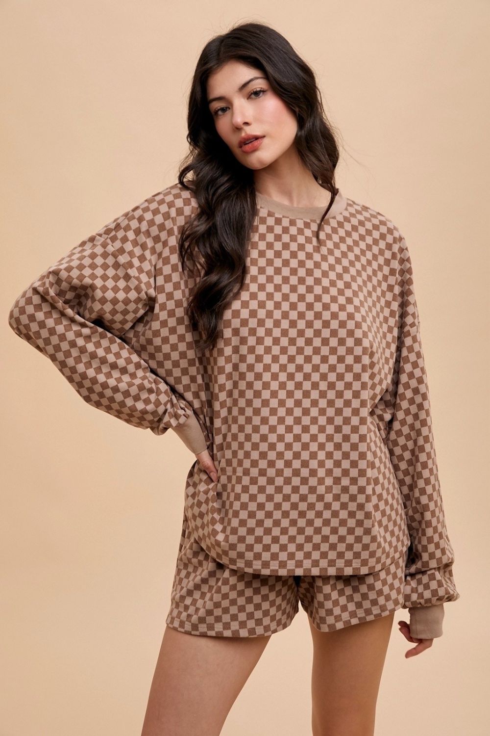 Chickened Round Neck Top and Drawstring Shorts Set