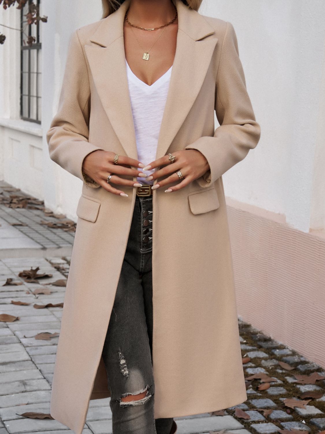 Devine Pocketed Collared Neck Long Sleeve Coat