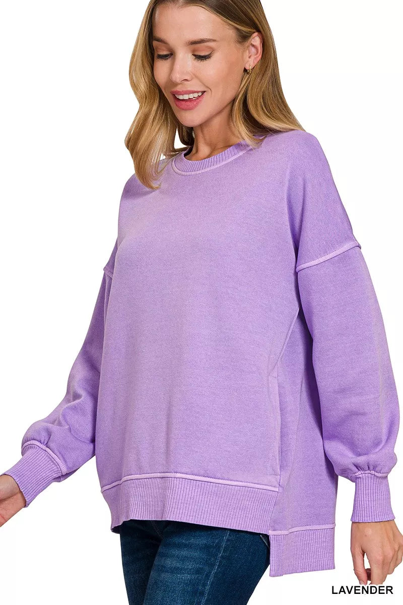Pigment Dye Fleece Hi-low Hem Sweatshirt With Pocket