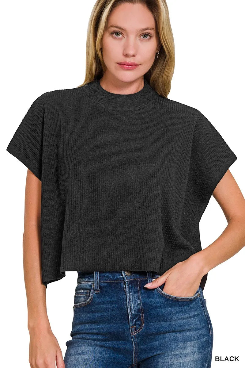 Viscose Mock Neck Short Sleeve Boxy Sweater
