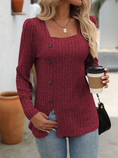 Mandy Decorative Button Striped Square Neck Long Sleeve T-Shirt