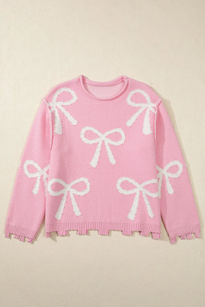 Pearl Detail Bow Round Neck Long Sleeve Sweater