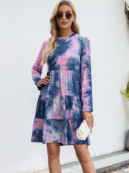 Ivy Lane Tie-Dye Round Neck Long Sleeve Tiered Dress