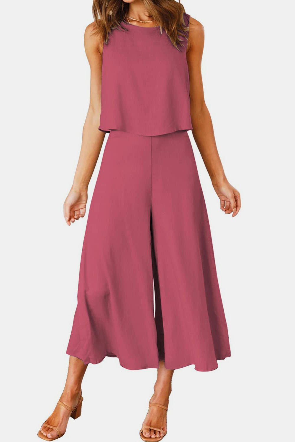 Round Neck Top and Wide Leg Pants Set