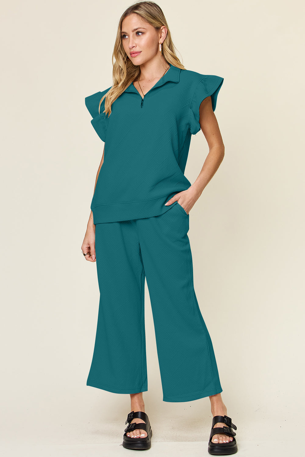 Short Sleeve Top and Drawstring Wide Leg Pants Set