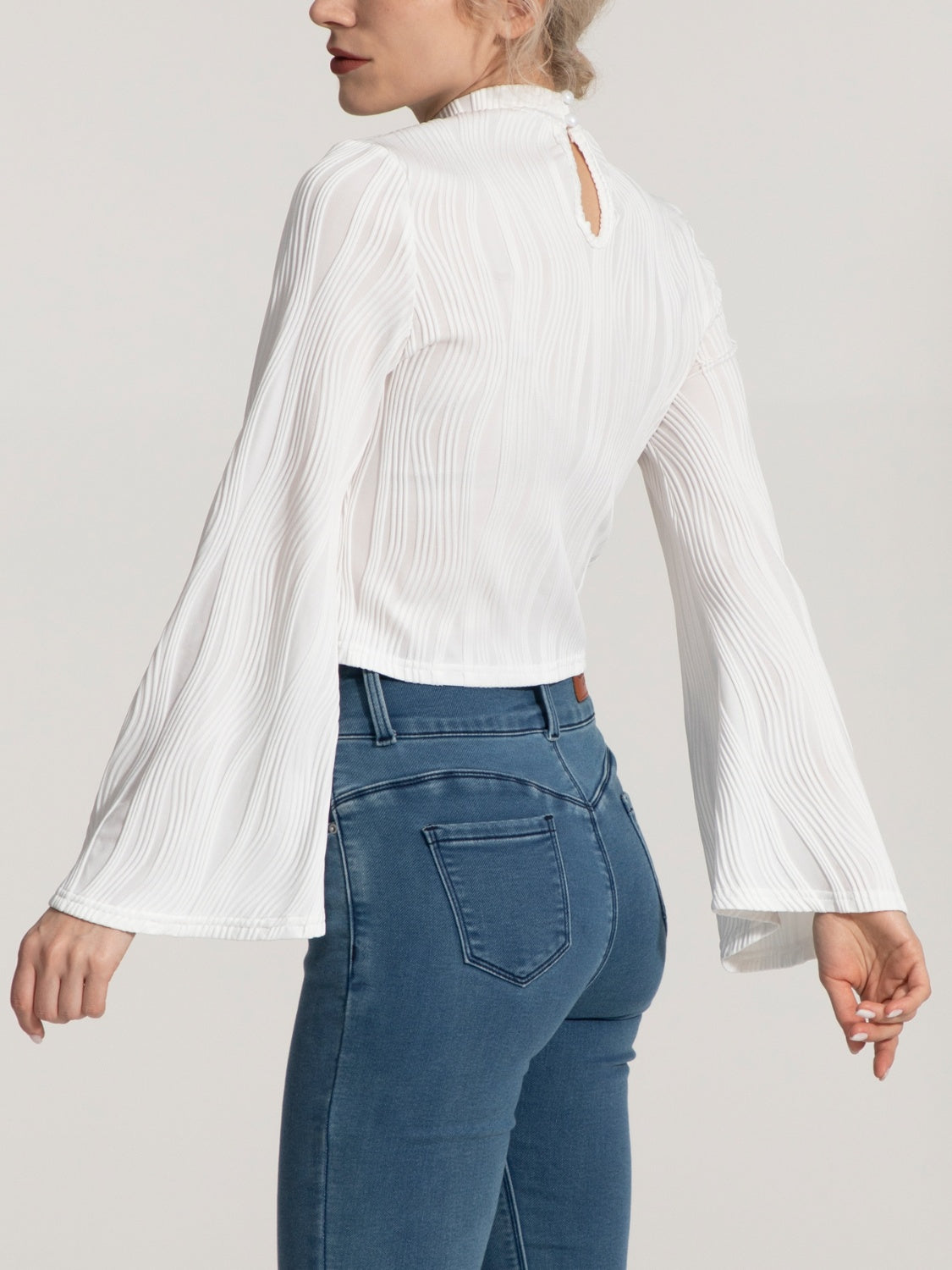 IZURIA Mock Neck Flare Sleeve Cropped Top