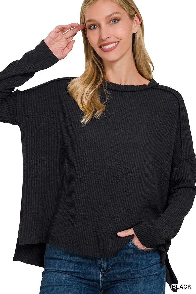 Exposed Seam Long Sleeve Corded Rib Knit Top Plus Size