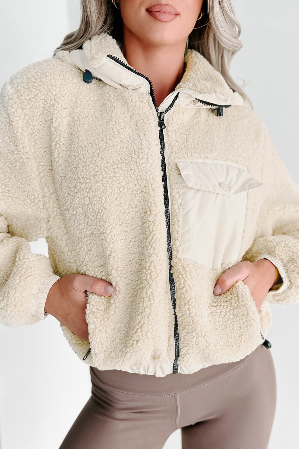 Drawstring Zip Up Sherpa Jacket with Removable Hood