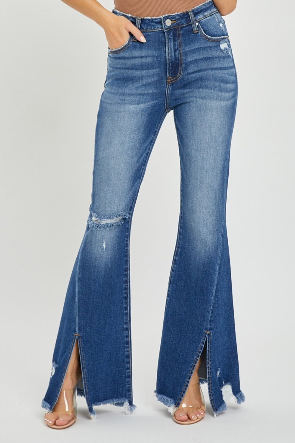 high rise front slit frayed hem flare jeans