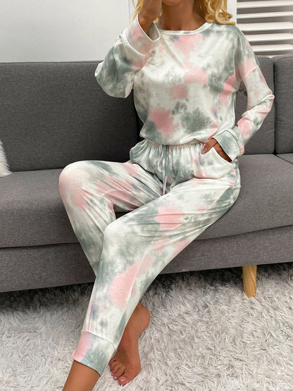 Shiny Tie-Dye Round Neck Top and Drawstring Pants Lounge Set