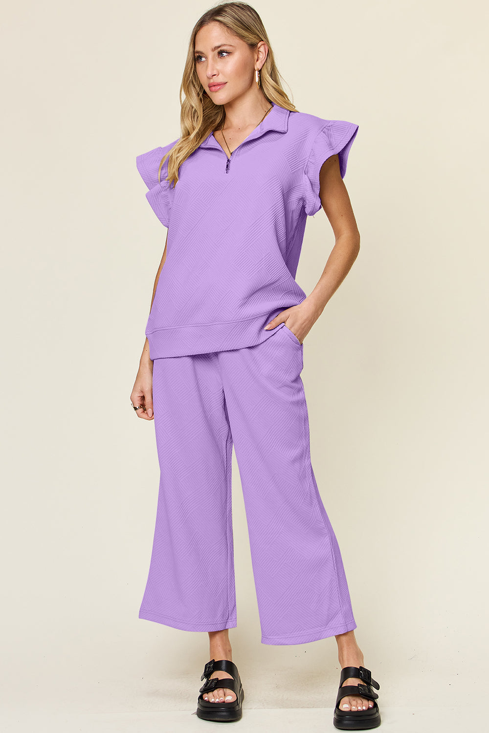 Short Sleeve Top and Drawstring Wide Leg Pants Set