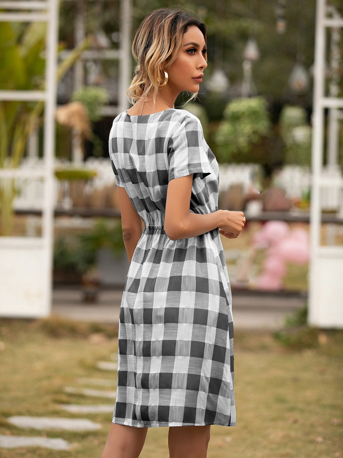 Ivy Lane Smocked Plaid Round Neck Short Sleeve Dress