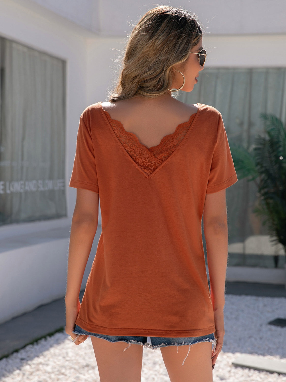 Ivy Lane Lace Detail V-Neck Short Sleeve T-Shirt