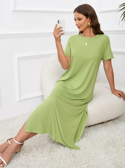 IZURIA Round Neck Short Sleeve Slit Midi Dress