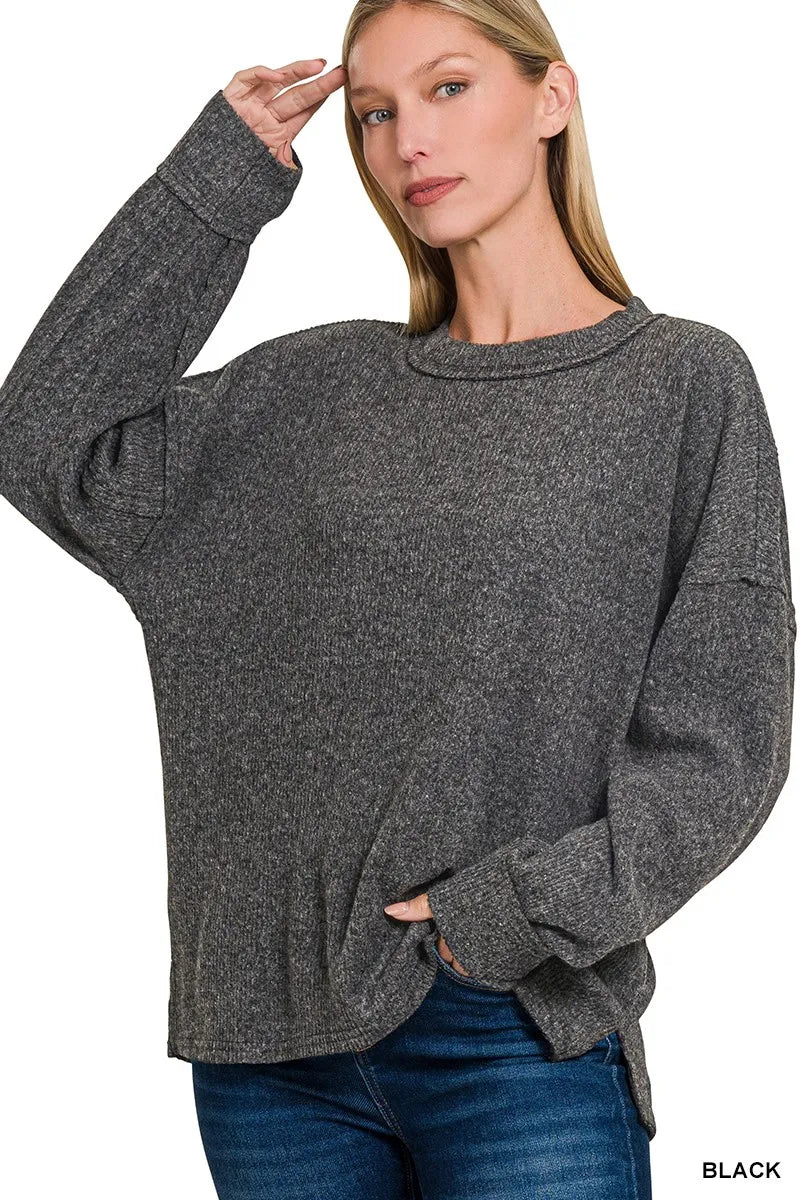 Brushed Ribbed Hacci Drop Shoulder Sweater Plus Size