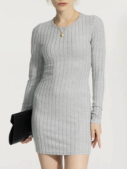 IZURIA Ribbed Round Neck Long Sleeve Slim Dress