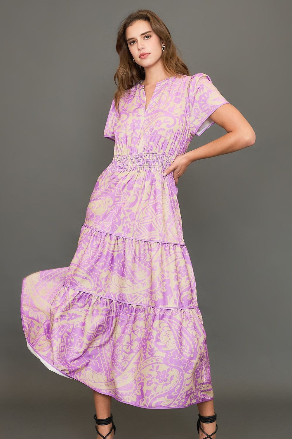 Printed Notched Short Sleeve Tiered Dress Plus Size