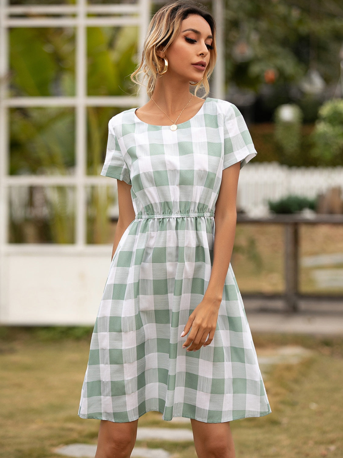 Ivy Lane Smocked Plaid Round Neck Short Sleeve Dress