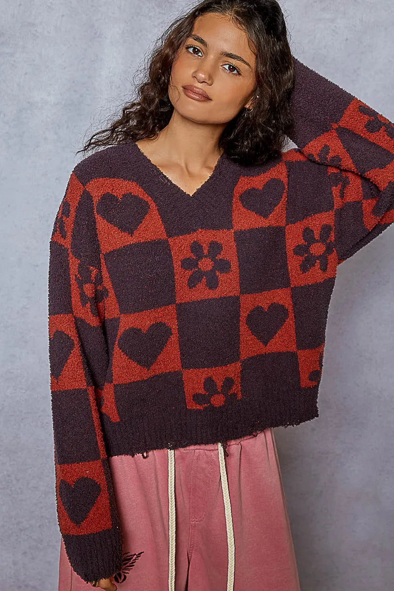 V-Neck Heart Pattern Checkered Sweater