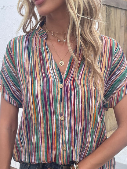 Shiny Striped Notched Short Sleeve Blouse