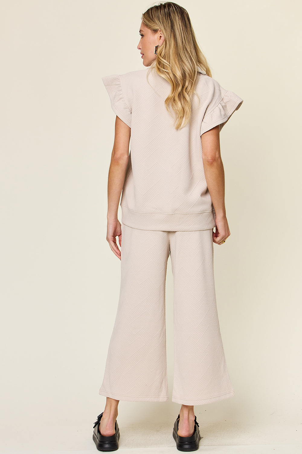 Short Sleeve Top and Drawstring Wide Leg Pants Set