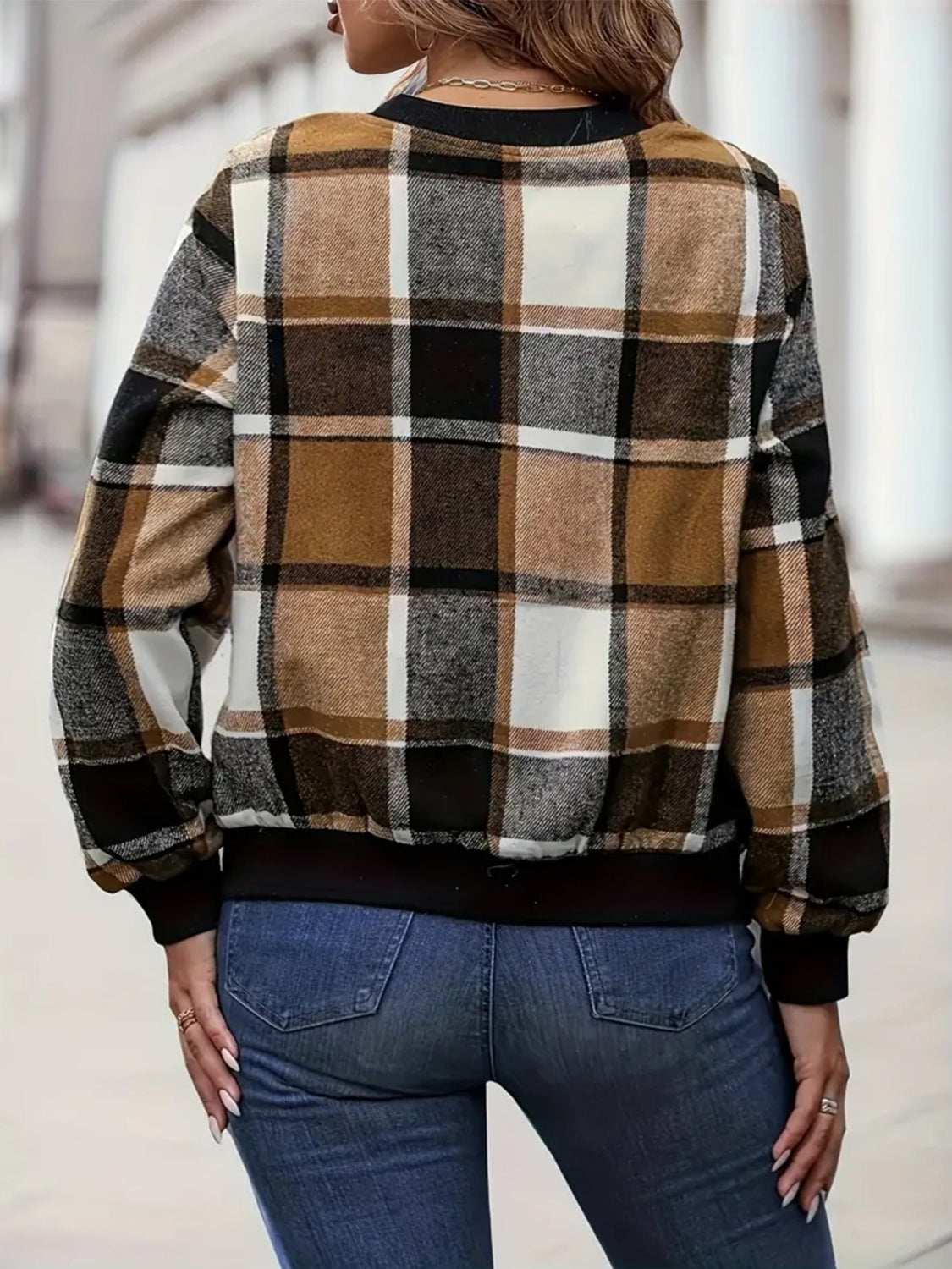 Plus Size Plaid Baseball Collar Zip Up Jacket