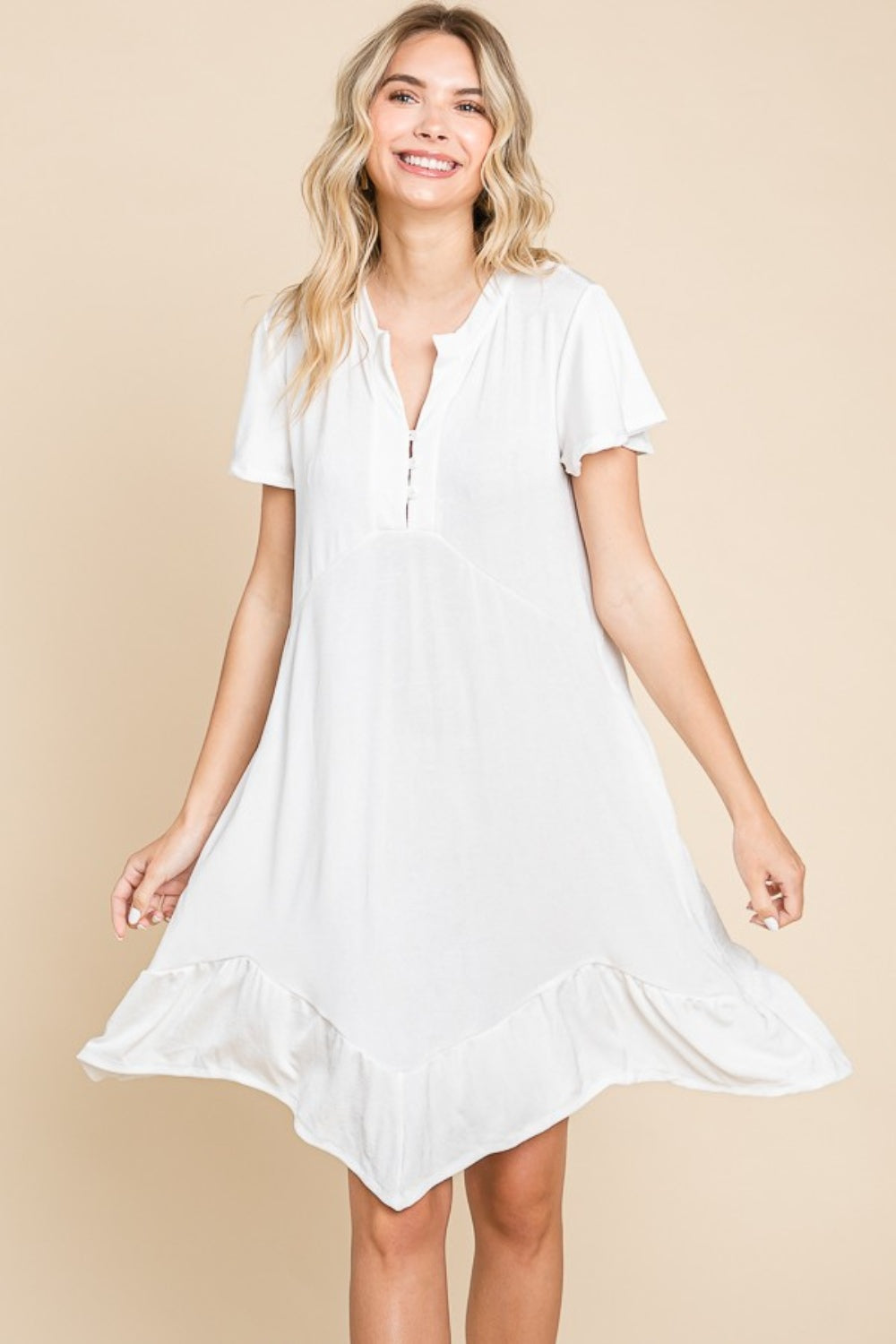 Culture Code Full Size Short Sleeve Ruffled Asymmetric Hem Dress