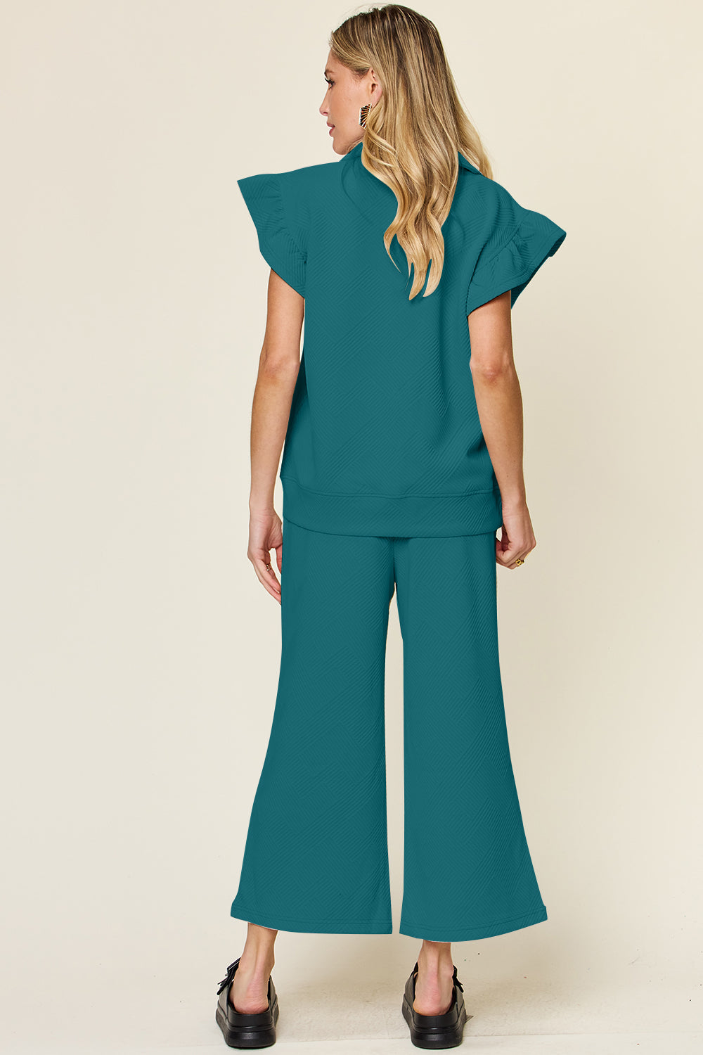 Short Sleeve Top and Drawstring Wide Leg Pants Set