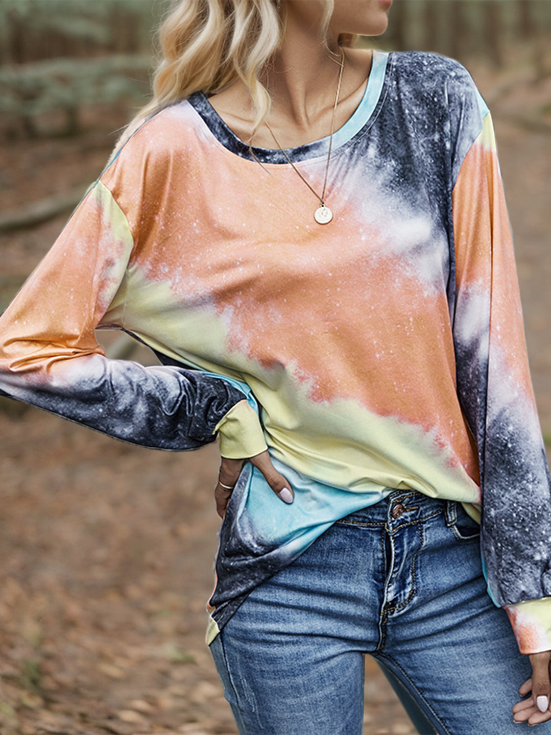 Shiny Printed Round Neck Long Sleeve T-Shirt