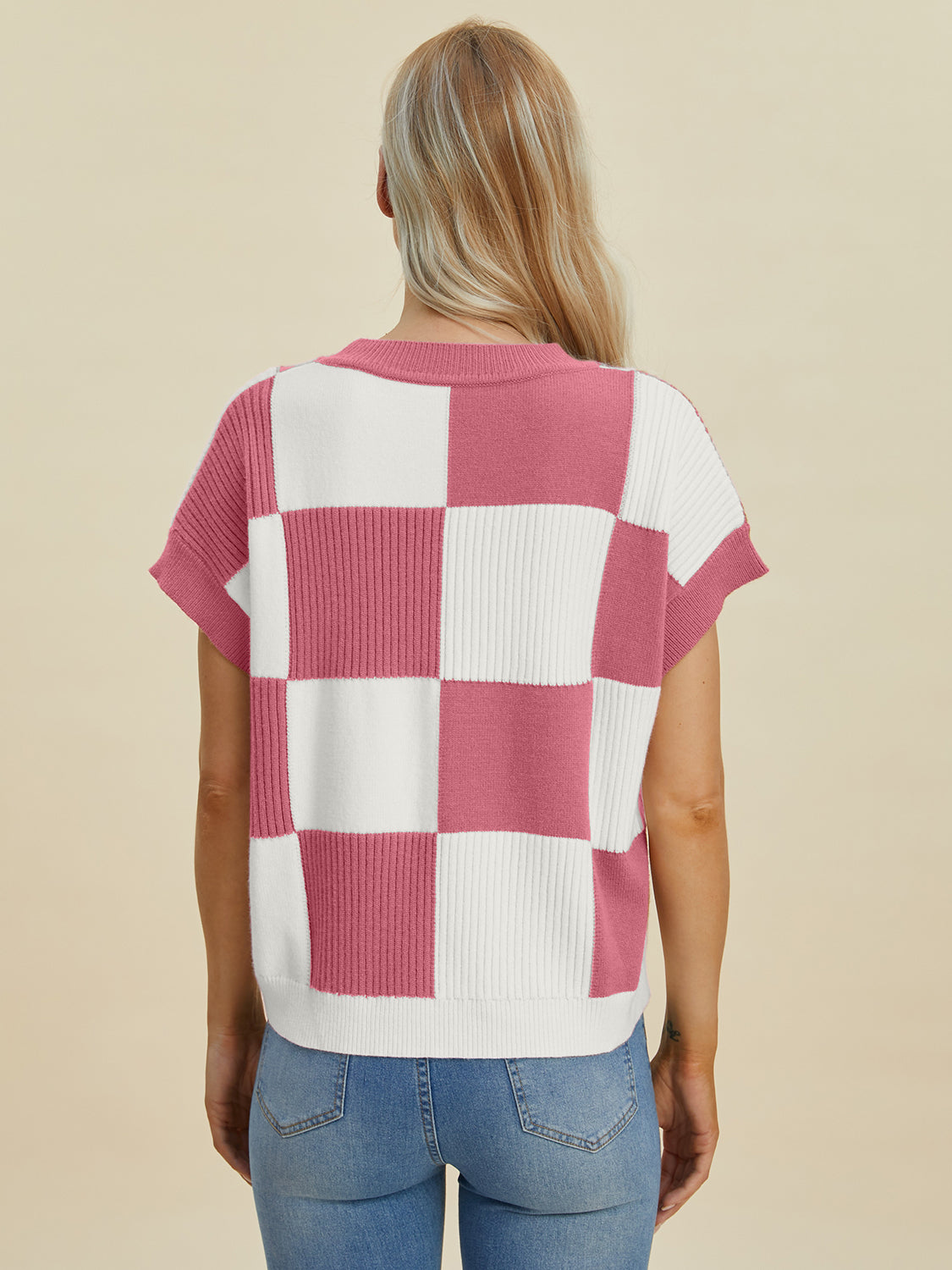 Full Size Chickened Round Neck Short Sleeve Sweater