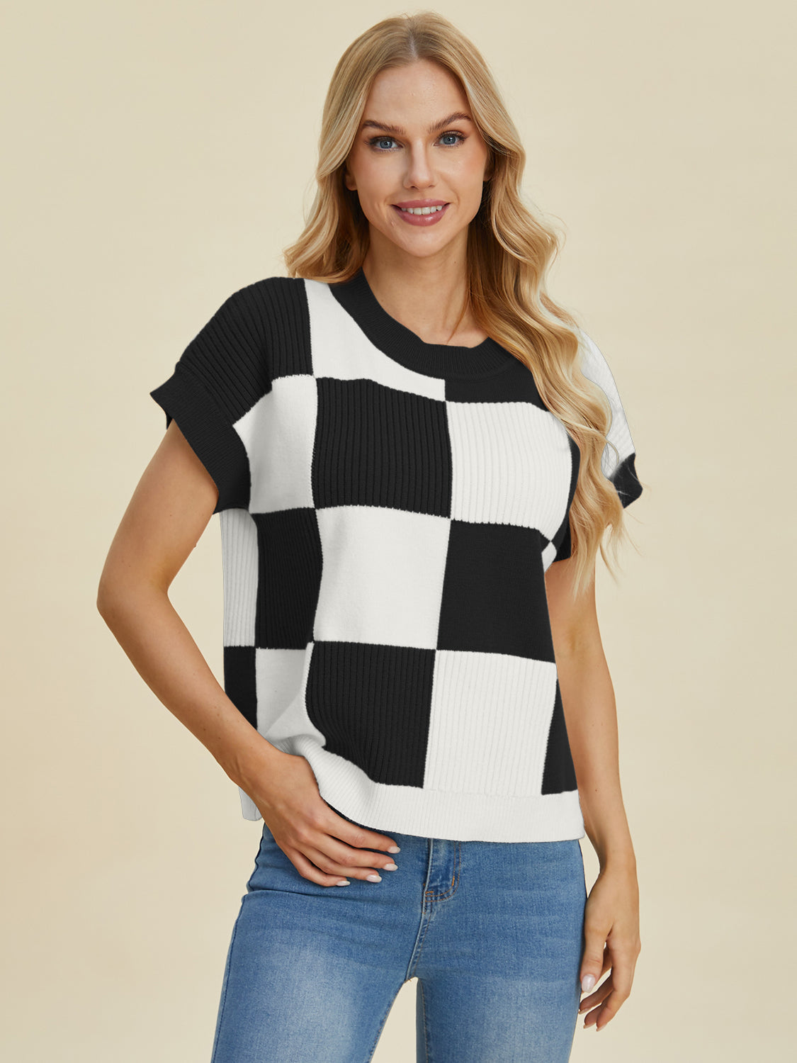 Full Size Chickened Round Neck Short Sleeve Sweater