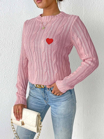 Cable-Knit Heart Round Neck Long Sleeve Sweater