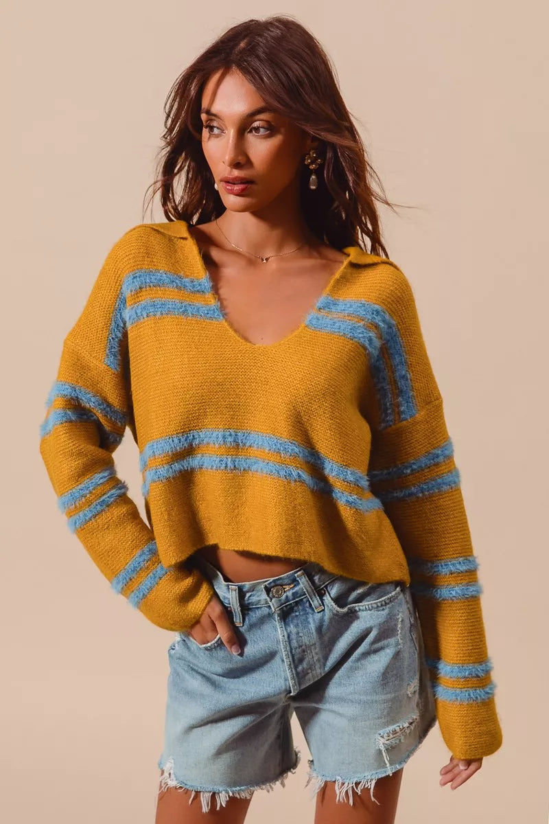 Fuzzy Hairy Stripe Deep U Neck Sweater