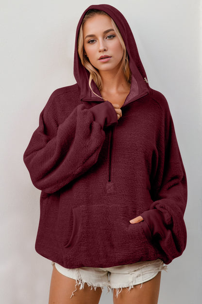 Double Take Half Zip Long Sleeve Hoodie with Kangaroo Pocket