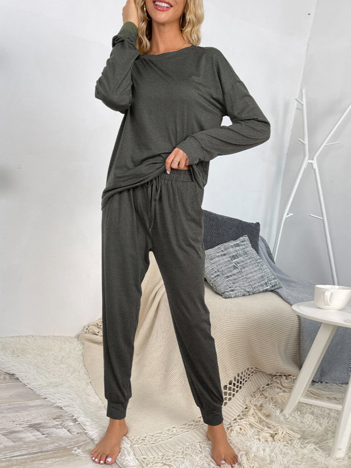 Shiny Round Neck Top and Drawstring Pants Lounge Set