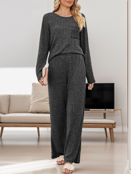 Round Neck Long Sleeve Top and Pants Set