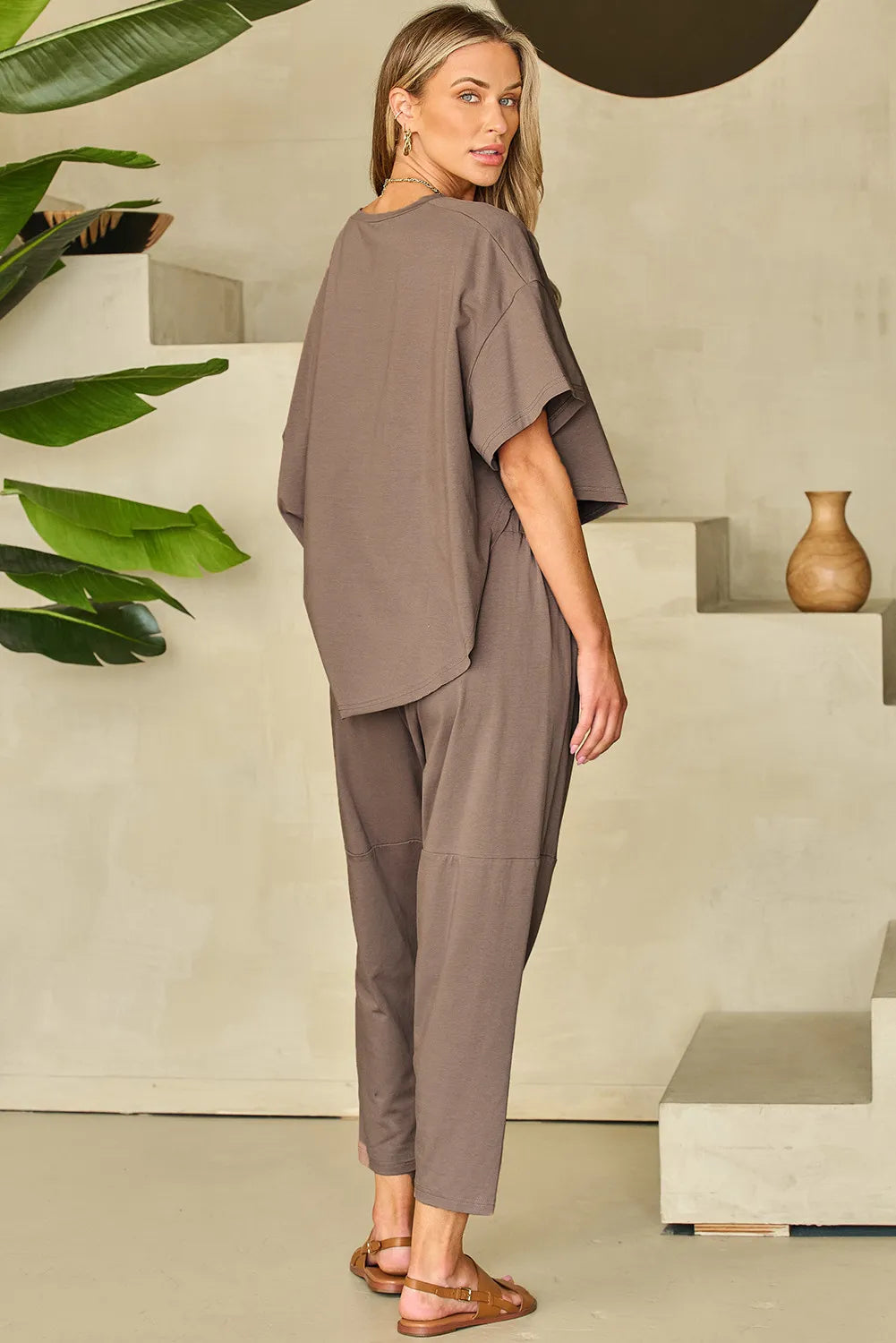 Round Neck Dropped Shoulder Top and Pants Set