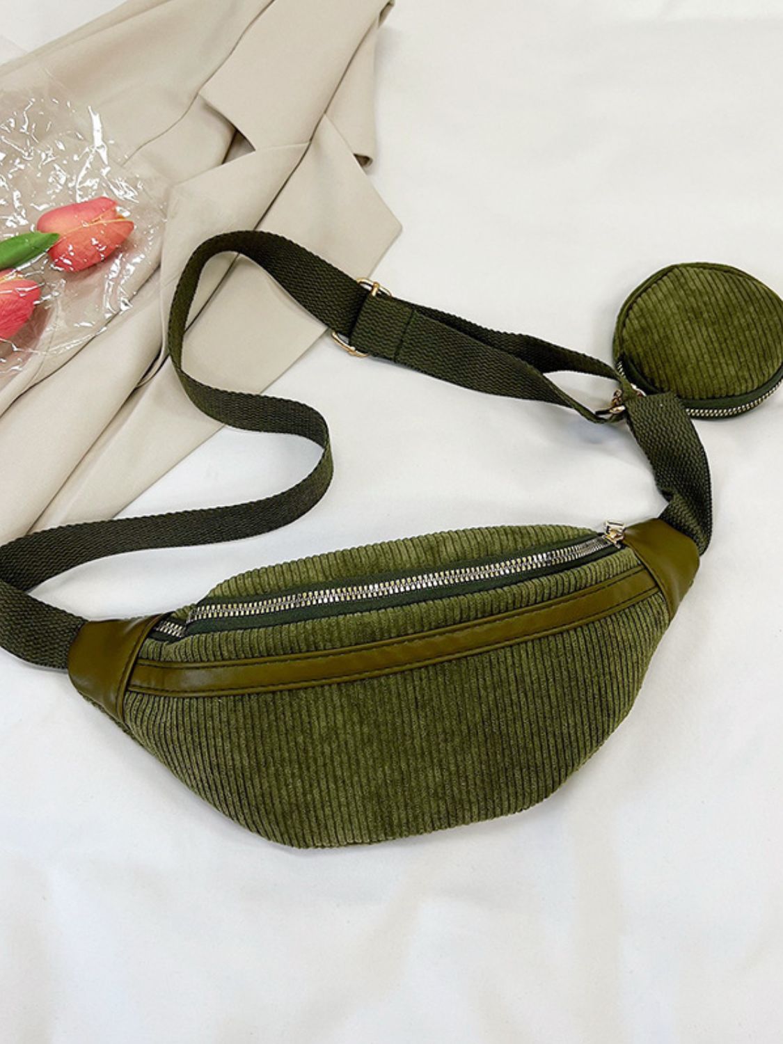 Corduroy Adjustable Strap Crossbody Bag with Pouch