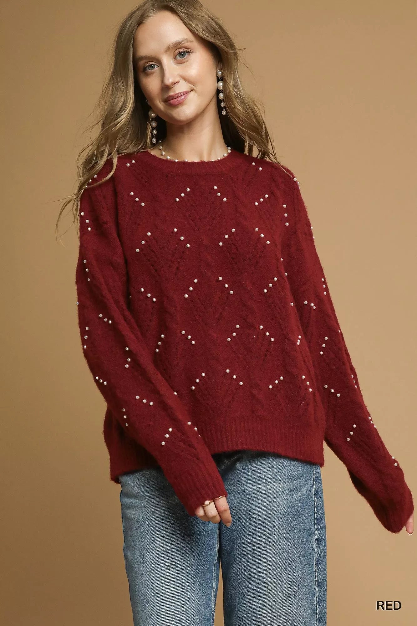 Pearl-Embellished Long Sleeve Sweater