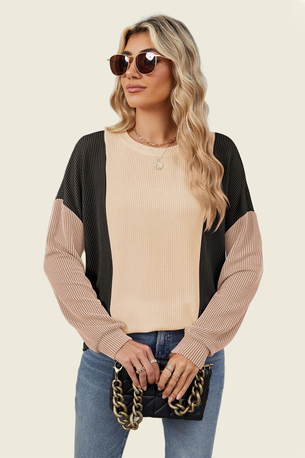 Double Take Texture Contrast Round Neck Long Sleeve T-Shirt