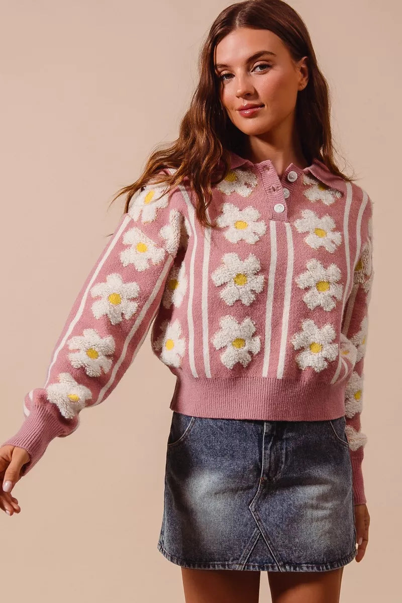 Floral Stripe Polo Collar Sweater