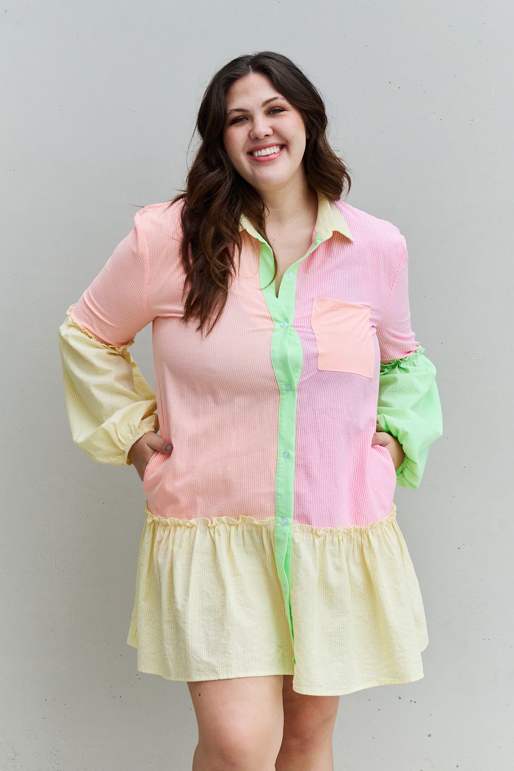 Flying Colours Full Size Colour block Long Sleeve Shirt Dress