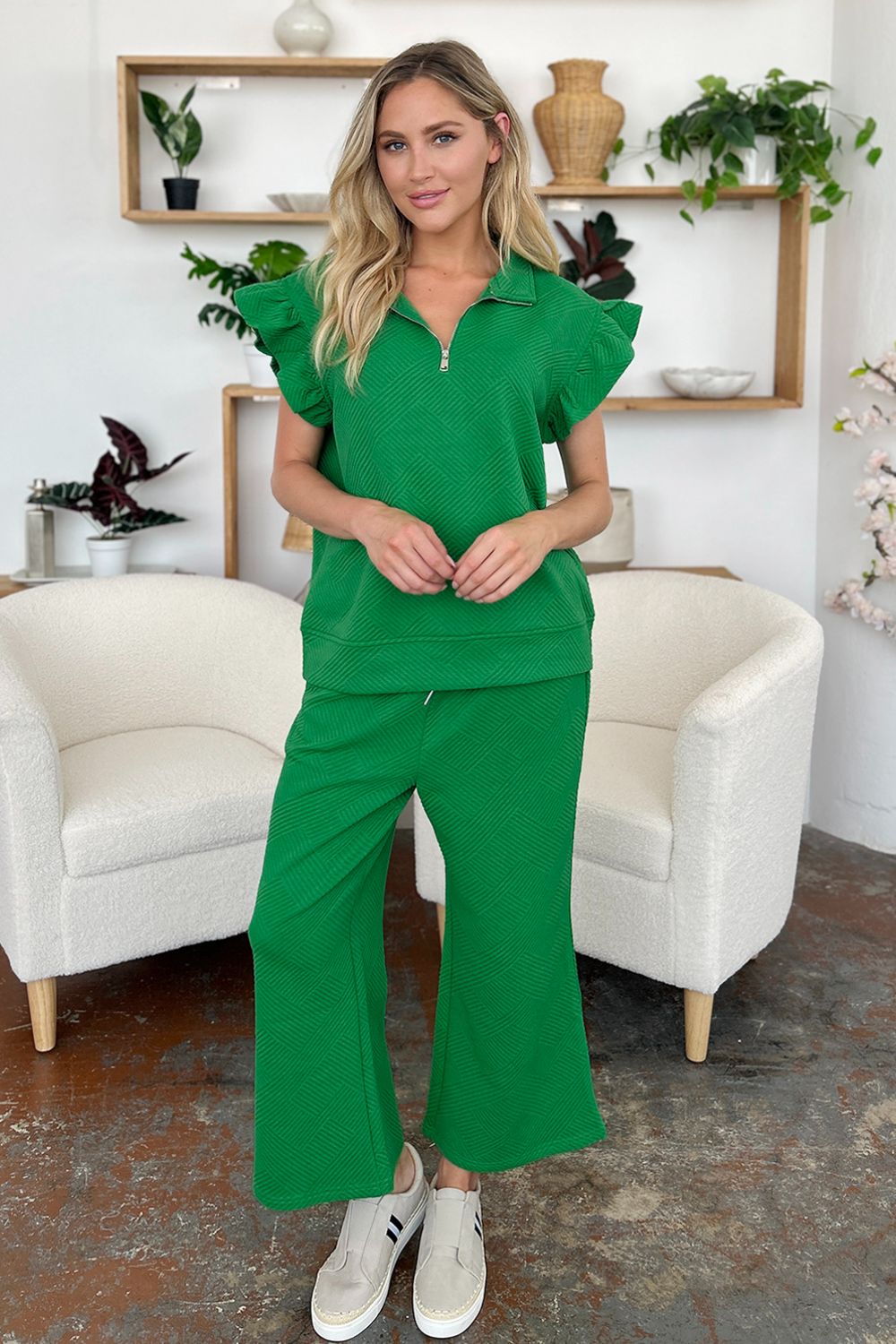 Short Sleeve Top and Drawstring Wide Leg Pants Set