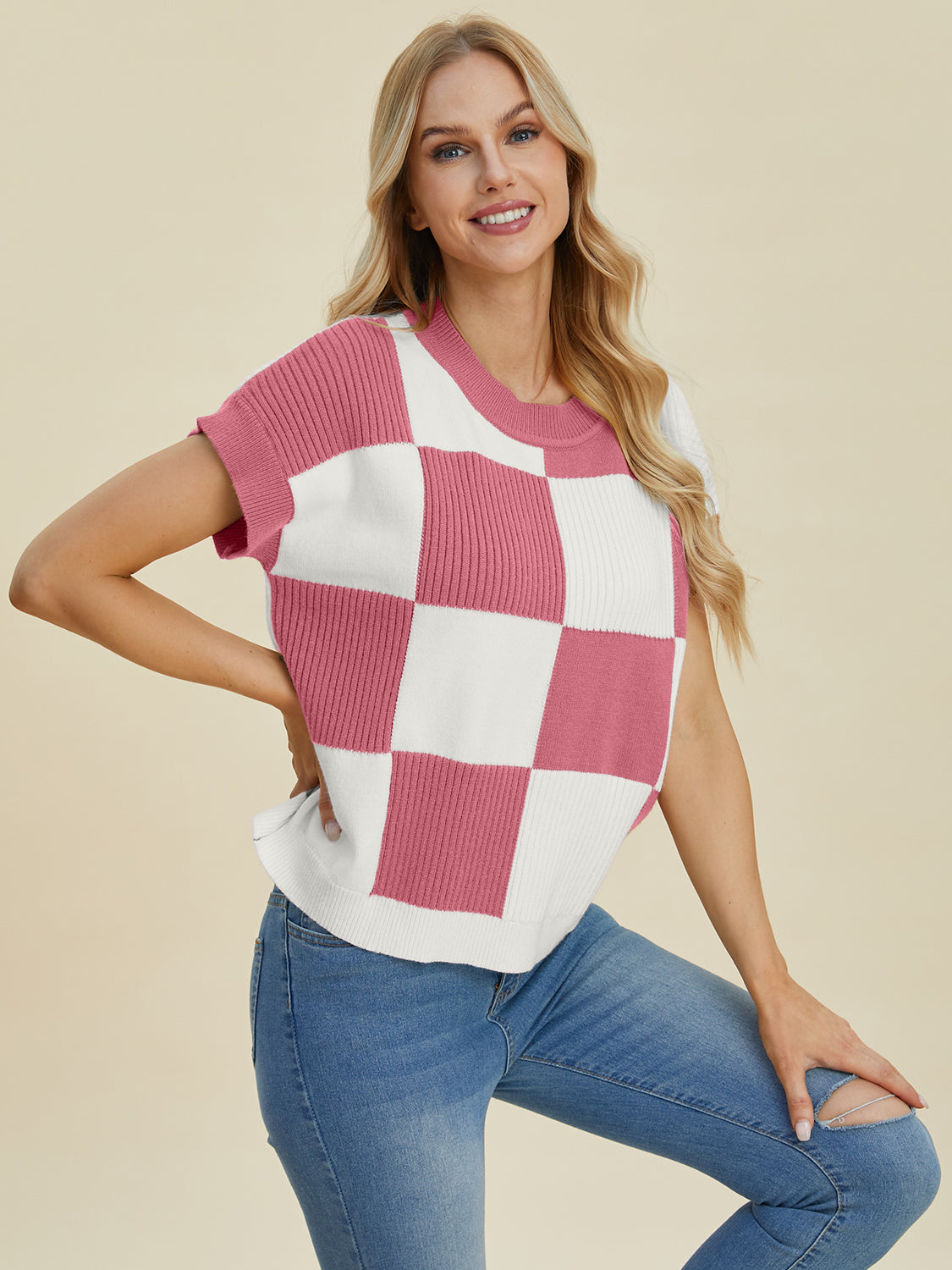 Full Size Chickened Round Neck Short Sleeve Sweater