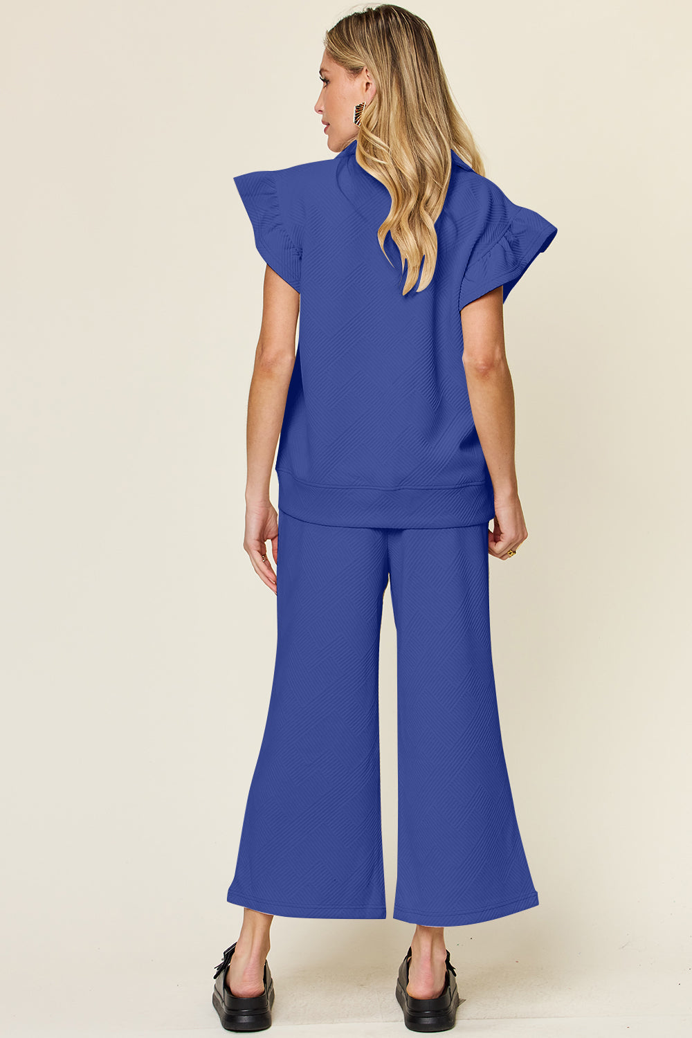 Short Sleeve Top and Drawstring Wide Leg Pants Set