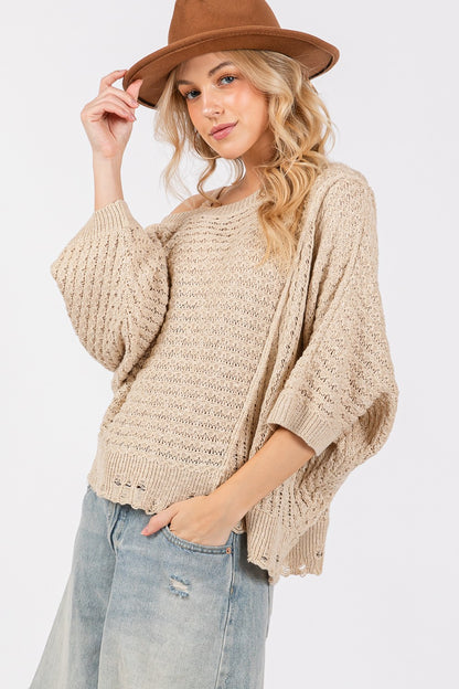 SAGE + FIG Distressed Asymmetrical Open Stitch Sweater